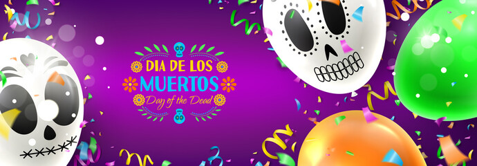 Beautiful festive banner for Day of the Dead. Colorful background with realistic white and colour air balloons. Vector illustration with color garlands and confetti.