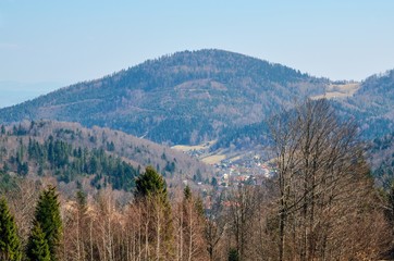 Beautiful rural mountain landscape. Cottages on the hills in the countryside.