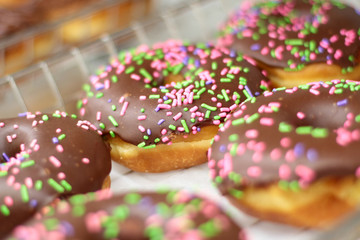 Fresh donuts on display racks at the donut shop.