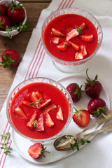 Panna cotta with strawberry sauce and strawberry slices, decorated with thyme leaves. Rustic style.