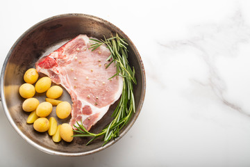 Uncooked pork meat on a pan 