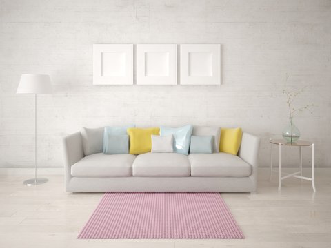 Mock up fashionable living room with a compact comfortable sofa and a bright hipster backdrop.