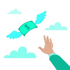 Flat style vector illustration of a hand reaching for paper money with wings flying away, loss concept