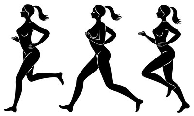 Collection. Silhouette of slender lady. The girl is running. The woman goes in for sports, strengthens health. Vector illustration set.