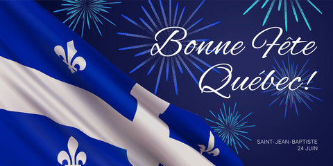 Vector banner design template with flag of Quebec province, fireworks and text on blue background. Translation from French: Happy Quebec Day! Saint Jean Baptist. June 24th. - obrazy, fototapety, plakaty