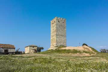 Naklejka premium Byzantine Tower in town of Nea Fokea, Kassandra, Chalkidiki, Central Macedonia, Greece