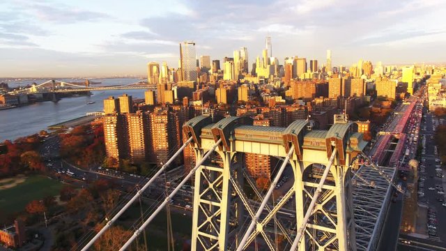 Pan left aerial, top of Williamsburg Bridge