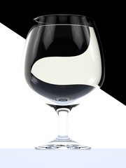 Wine glass with white wine and creative refracrion, 3d rendering