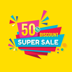 Super sale concept banner design. Discount 50% off creative sticker. Abstract geometric poster. Special offer. 