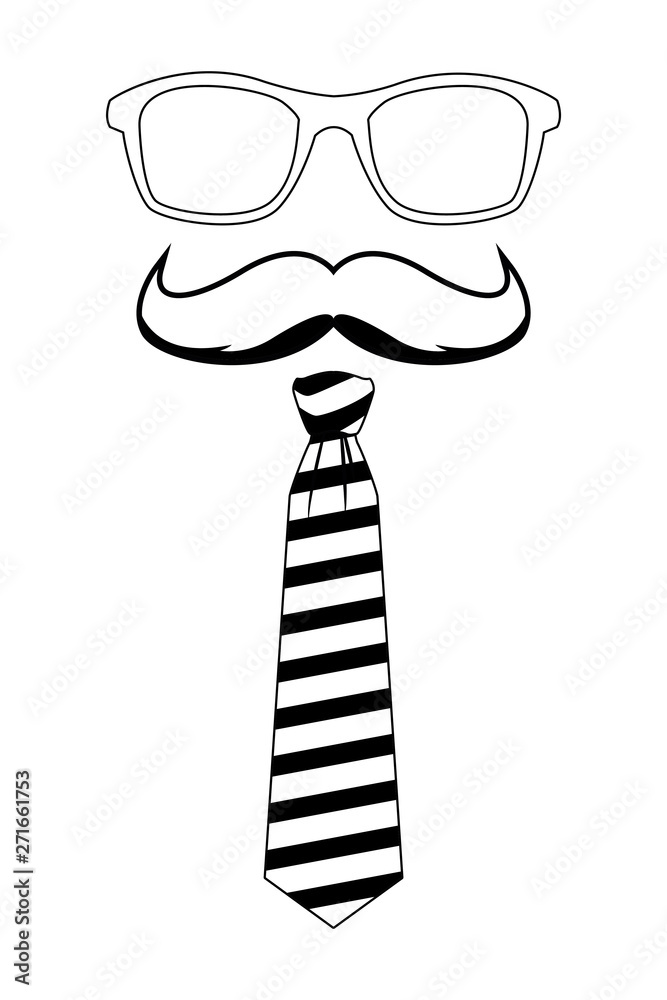 Wall mural glasses moustache and tie icon cartoon black and white