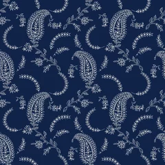 Gordijnen Indigo kleurstof naadloze paisley bloemmotief. Traditionele houtblok gedrukte oosterse etnische motieven van India, Uttar Pradesh, ecru op marineblauwe achtergrond. Textiel ontwerp. © tabuday