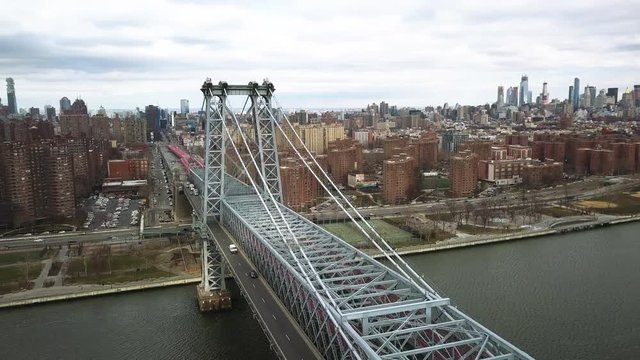 Williamsburg Bridge in New York City, panning aerial