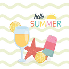 hello summer poster with fresh cocktail icons