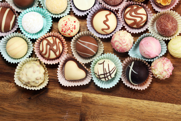 a lot of variety chocolate pralines, belgian confectionery gourmet chocolate praline.