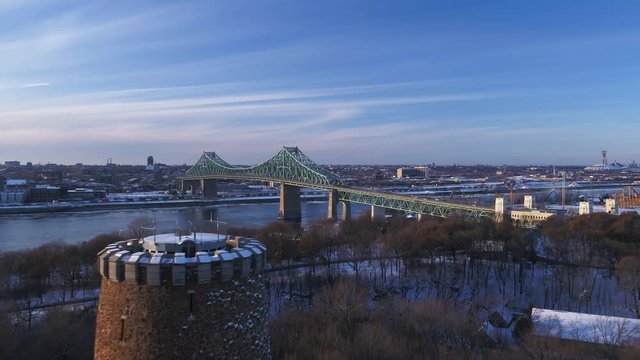 Jacques Cartier Bridge over St, Lawrence River in Montreal, aerial
