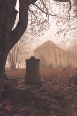 view on an abandoned graveyard and a church ruin