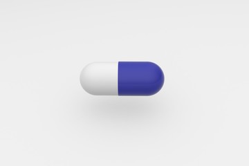 Single blue white pill on white background. Antibiotic in the capsule. 3d rendering