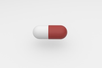 Single red white tablet on a white background. Antibiotic in the capsule. 3d rendering