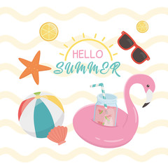 Fototapeta na wymiar hello summer poster with flemish float icons