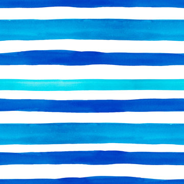 Nautical style seamless pattern with watercolor blue horizontal stripes on white background. Summer hand drawn texture.