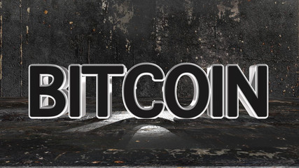 The word Bitcoin on distressed textured room background. 3D illustration