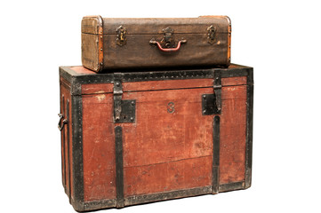 Old retro wooden chest and vintage grunge suitcase isolated on white background