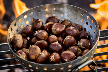 Metal roaster filled with fresh autumn chestnuts