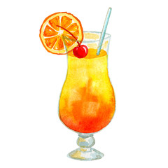 Yellow orange cocktail sunrise with orange and cherry. Hand drawn watercolor illustration. Isolated on white background.