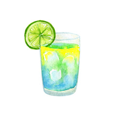 Yellow blue cocktail with lime. Hand drawn watercolor illustration. Isolated on white background.