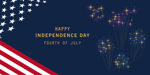 Happy 4th July, USA independence day flyer template with American national flag on navy blue background and fireworks. Poster, banner, greeting card design