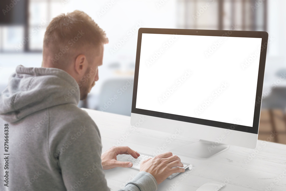 Poster Guy work on computer. Isolated screen for mockup, web design presentation. Office concept.