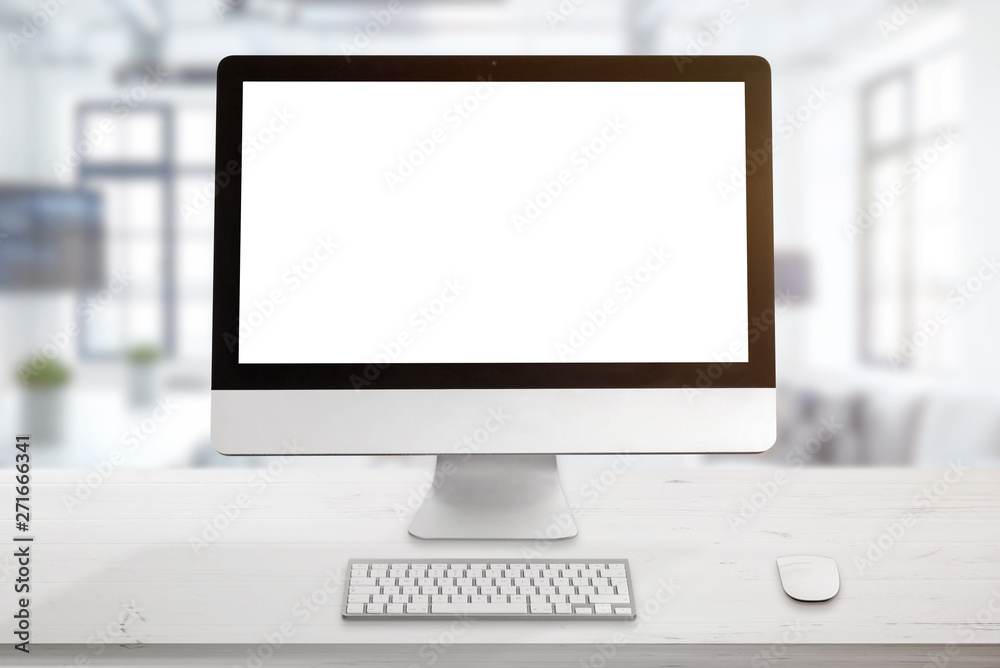 Poster Clean office desk with computer display, keyboard and mouse. Isolated screen for mockup. Office in background.