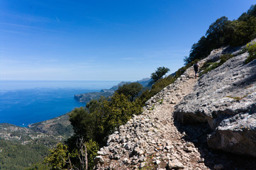Fototapeta na wymiar Mallorca. Mountain range Serra de Tramuntana. Mountain peaks and valleys on the way to Sa Calobra bay