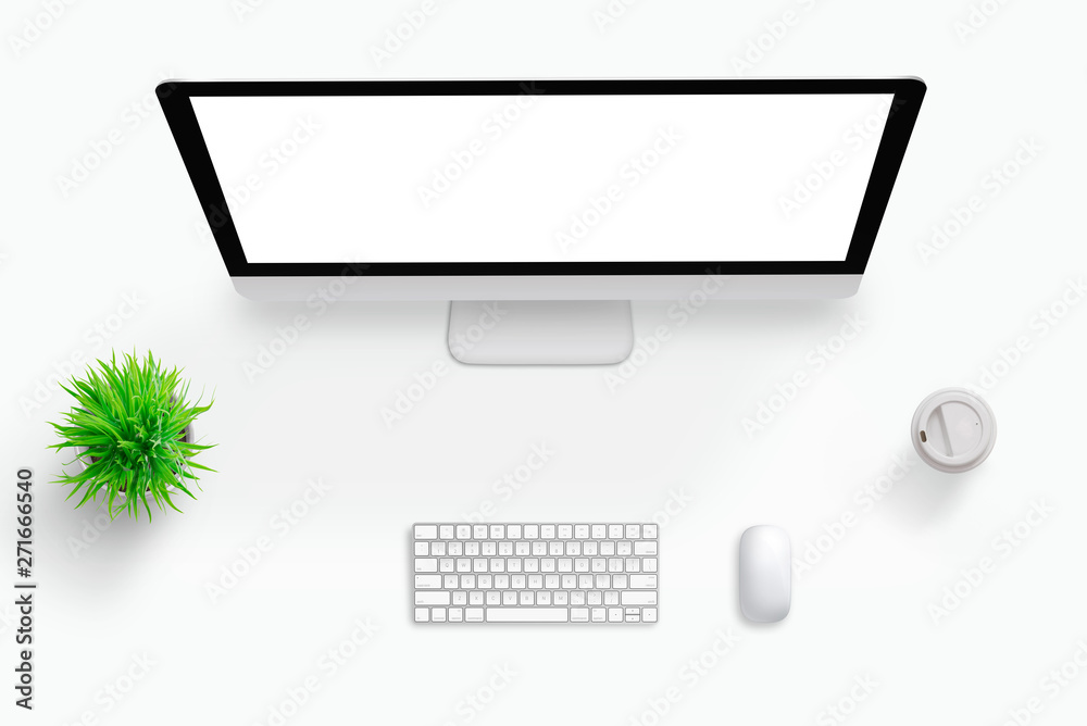 Poster Top view scene of work desk. Computer display with isolated screen for mockup. Plant, keyboard, mouse and coffee beside. Free space middle for text.