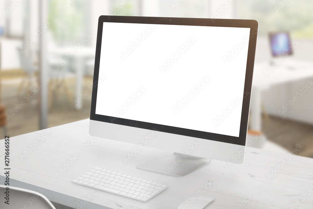 Poster Modern computer display on white office desk. Isolated screen for mockup, app or web site design presentation. Office interior in background.