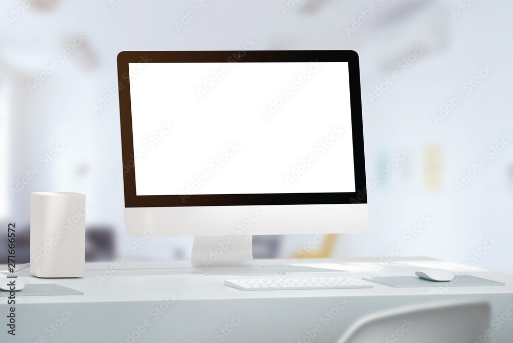 Poster computer display mockup. office desk.