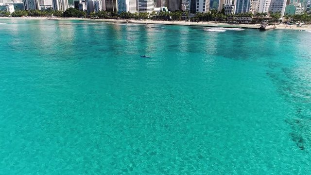 Slowly revealing the skyline of Waikiki beach, Honolulu, Hawaii.