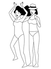 Young women in summer cartoons in black and white