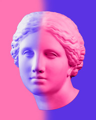 Modern conceptual art poster with blue pink colorful antique Venus bust. Contemporary art collage.