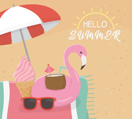 hello summer poster with beach scene and flemish float