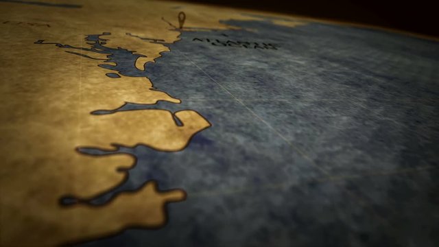 New York city on retro map. Fast flight over old atlas chart with NYC marked by pushpin. Vintage texture maps 3D animation.
