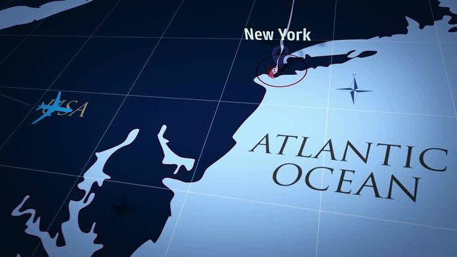 New York on simple blue map. Plane symbol with trail flight over atlas chart with city marked by pushpin. Airplane icon moving on maps 3d animation.