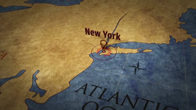 New York on simple retro paper map. 3D flight over grunge atlas chart with city marked by pushpin.