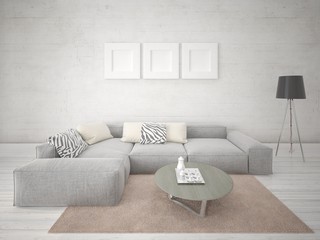Mock up a stylish living room with a large corner sofa and a trendy hipster backdrop.