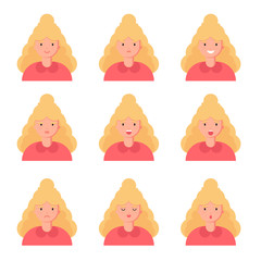 Set of woman's emotions avatar. Cute cartoon Blonde Girl character face with different facial expression collection. Colorful vector illustration in flat style.