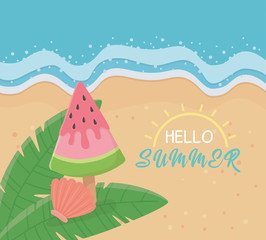 hello summer poster with beach scene and watermelon
