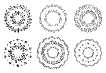 Set of Hand drawn circular ornaments. Isolated doodle decorative elements.
