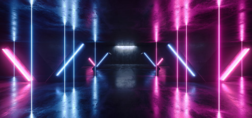 Sci Fi Neon Lights Glowing Purple Blue Columns X Shaped In Dark Concrete Grunge Room Hall Garage Tunnel Corridor Club Stage Showcase Dance Virtual Reflections 3D Rendering