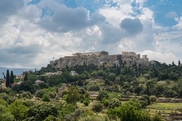 Fototapeta na wymiar Acropolis hill with the Greek Agora or forum in front