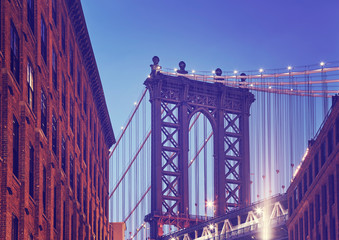 Manhattan Bridge seen from Dumbo at dusk, color toning applied, New York City, USA.